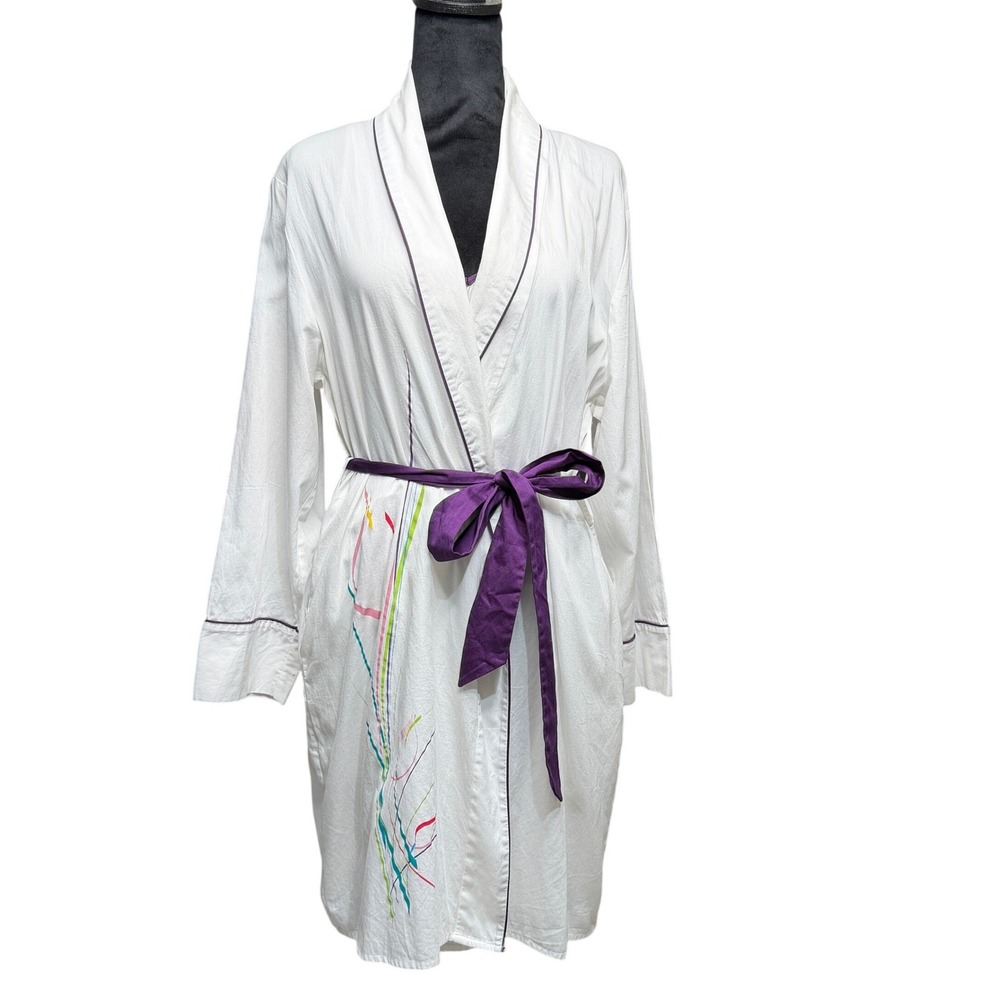 Julianna Rae Robe Nightgown Set Womens Sz Small White Purple 100% Cotton 2pc